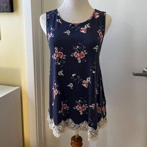 REWIND Navy Blue Floral Lace Hem Tank Top, Large, NWT